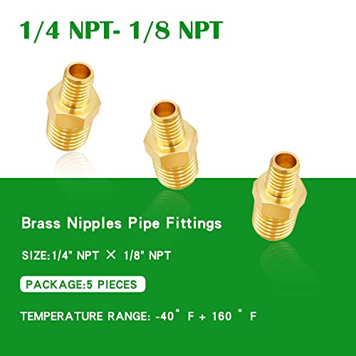 Tnuocke 5pcs 1/4 NPT Male x 1/8 NPT Male Solid Brass Nipple Pipe Fittings,Heavy Hex Straight Connector Adapter H-041-1/4 NPT-1/8 NPT - Image 2
