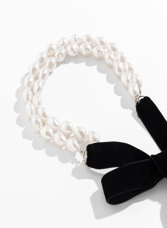 اتش تي اتش قلادة تشوكر من اللؤلؤ الأبيض العتيق، قلادة مخملية بشرابة مزينة بشرابة، قلادة من اللؤلؤ على شكل فيونكة (ب) - Image 4