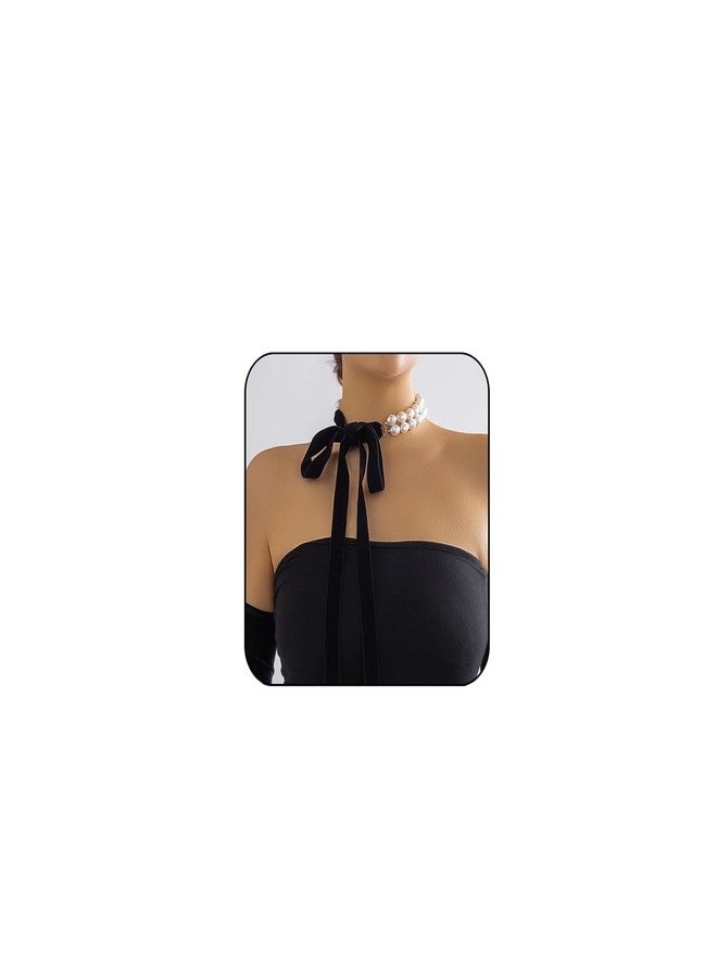 اتش تي اتش قلادة تشوكر من اللؤلؤ الأبيض العتيق، قلادة مخملية بشرابة مزينة بشرابة، قلادة من اللؤلؤ على شكل فيونكة (ب) - Image 1