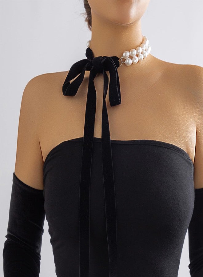 اتش تي اتش قلادة تشوكر من اللؤلؤ الأبيض العتيق، قلادة مخملية بشرابة مزينة بشرابة، قلادة من اللؤلؤ على شكل فيونكة (ب) - Image 3