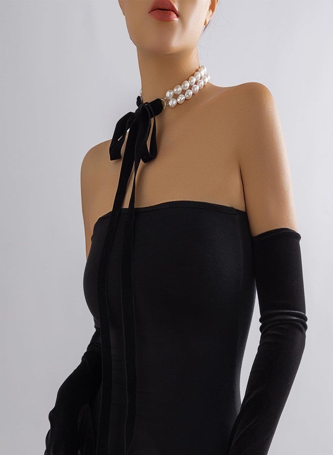 اتش تي اتش قلادة تشوكر من اللؤلؤ الأبيض العتيق، قلادة مخملية بشرابة مزينة بشرابة، قلادة من اللؤلؤ على شكل فيونكة (ب) - Image 2