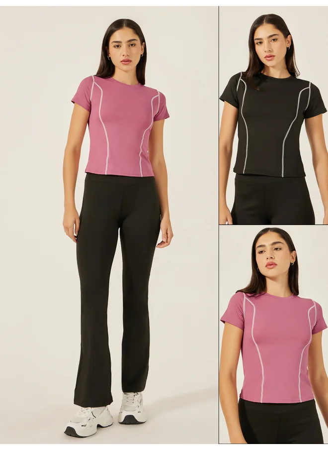 ستايلي Styli Active Pack of 2 - Contrast Stitch Short Sleeve Top