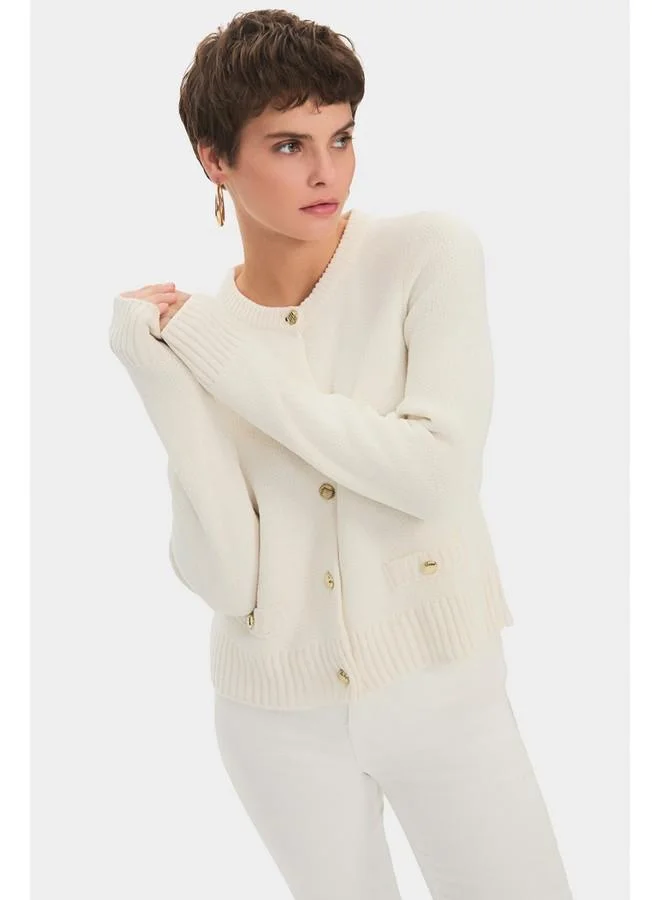 JUNE June Women Gold Button Detailed Soft Texture Knitwear Cardigan Ecru