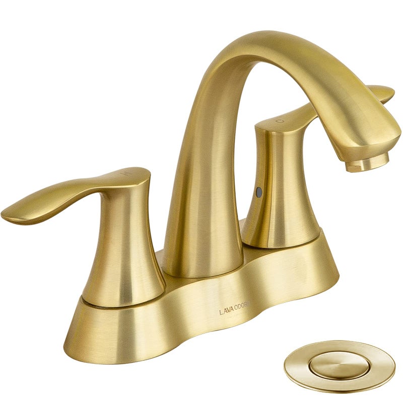 Brushed Gold Bathroom Faucet Lava Odoro Brass 4 Inch Centerset Bathroom Sink Two Handle Vanity Faucet with Pop up Drain Assembly Supply Line SpotResistant BF423SG