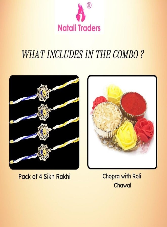 Natali Traders Set of 4 Sikh Rakhi for Brother with Roli Chawal Chopra - Ek Onkar Rakhi - Ek Omkar - Khanda Rakhee - Punjabi Rakhis Combo - Image 2