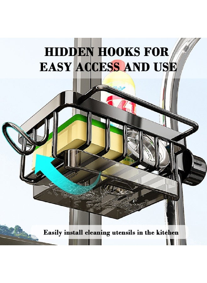 هاسذيب حامل إسفنج صنبور HASTHIP ®، حامل إسفنج صنبور مطبخ متعدد الاستخدامات، مع صينية سحب بالتنقيط منظم حوض ألومنيوم، ملحقات مطبخ لسائل غسل الصحون، فرشاة زجاجة، إسفنج - Image 2