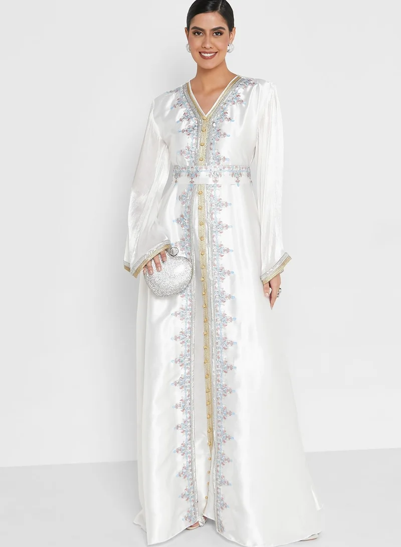 hayas closet Embellished V-Neck Belted Dress