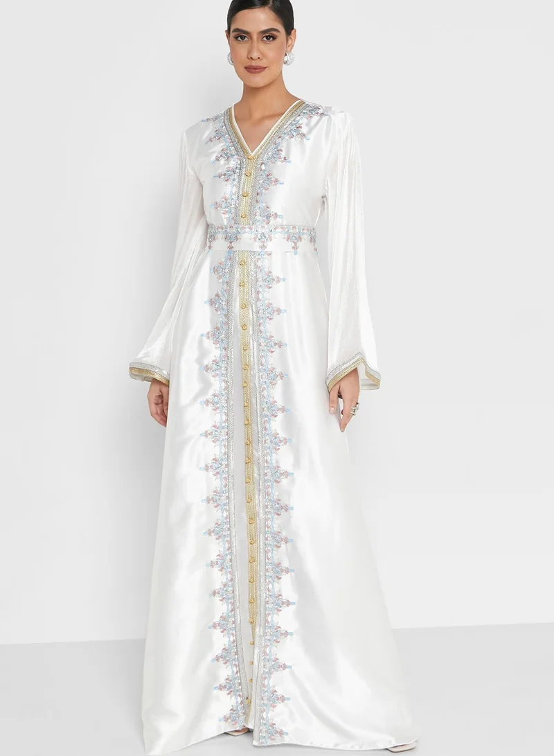hayas closet Embellished V-Neck Belted Dress