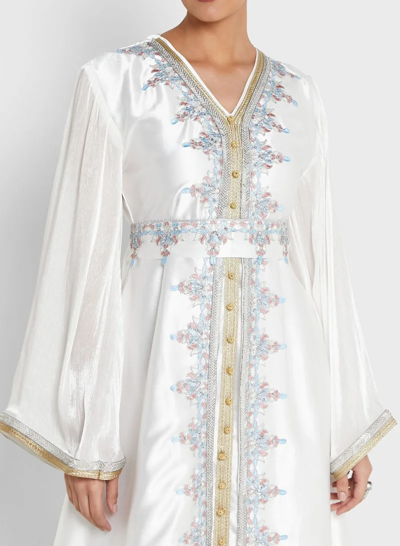 hayas closet Embellished V-Neck Belted Dress