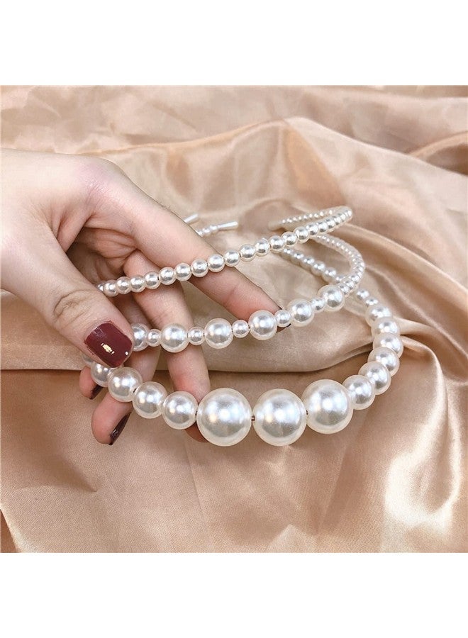 Aoxmas Oxmas 3Pcs White Faux Pearl Hairbands Bridal Hair Hoop Wedding Hair Accessories Pearl Headbands For Women Girls  - Image 2