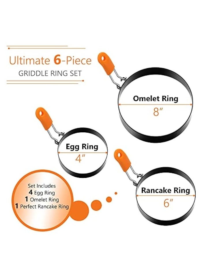 erorex 6 Pcs Professional Egg Ring Pancake Ring Set Stainless Steel Fried Egg Ring Griddle Pancake Shapers with Silicone Handle for Breakfast Omelette Sandwich - Image 3