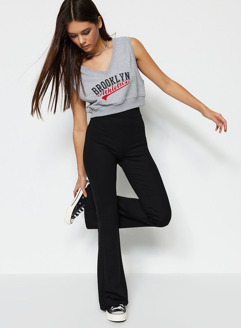 trendyol Black Ribbed Flare / Flare Leg High Waist Stretchy Knitted Leggings Trousers TWOSS23PL00135 - Image 3