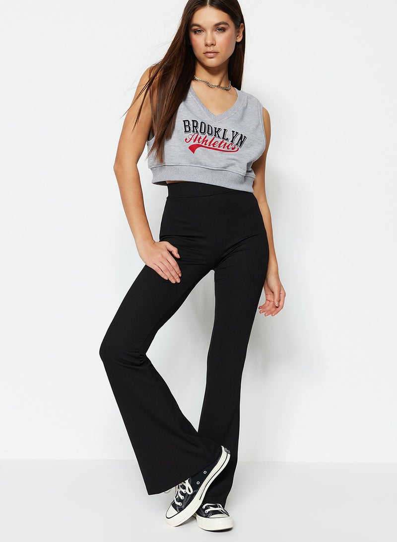 trendyol Black Ribbed Flare / Flare Leg High Waist Stretchy Knitted Leggings Trousers TWOSS23PL00135 - Image 1