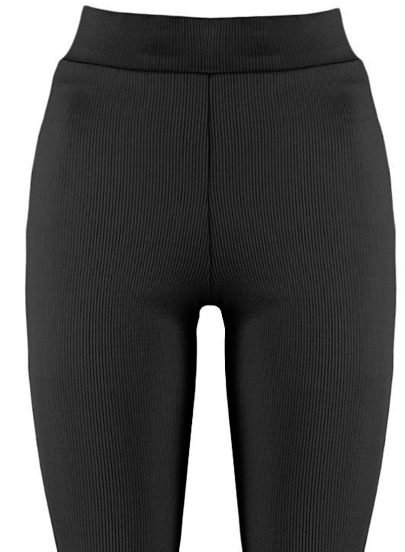 trendyol Black Ribbed Flare / Flare Leg High Waist Stretchy Knitted Leggings Trousers TWOSS23PL00135 - Image 5