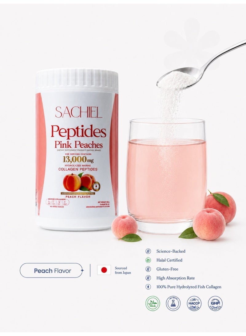 Sachiel Peptides Pink Peaches Japanese Marine Collagen Peptides Powder 13,000mg | Hydrolyzed Fish Collagen | Skin Elasticity, Hair & Nails Support | Peach Flavor | Halal | UAE - Image 2