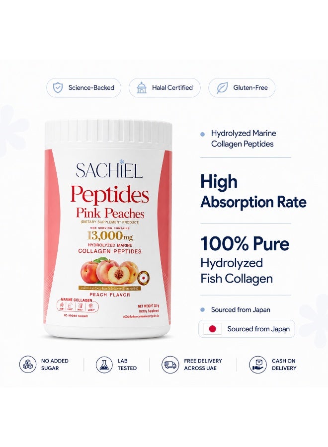 Sachiel Peptides Pink Peaches Japanese Marine Collagen Peptides Powder 13,000mg | Hydrolyzed Fish Collagen | Skin Elasticity, Hair & Nails Support | Peach Flavor | Halal | UAE - Image 3