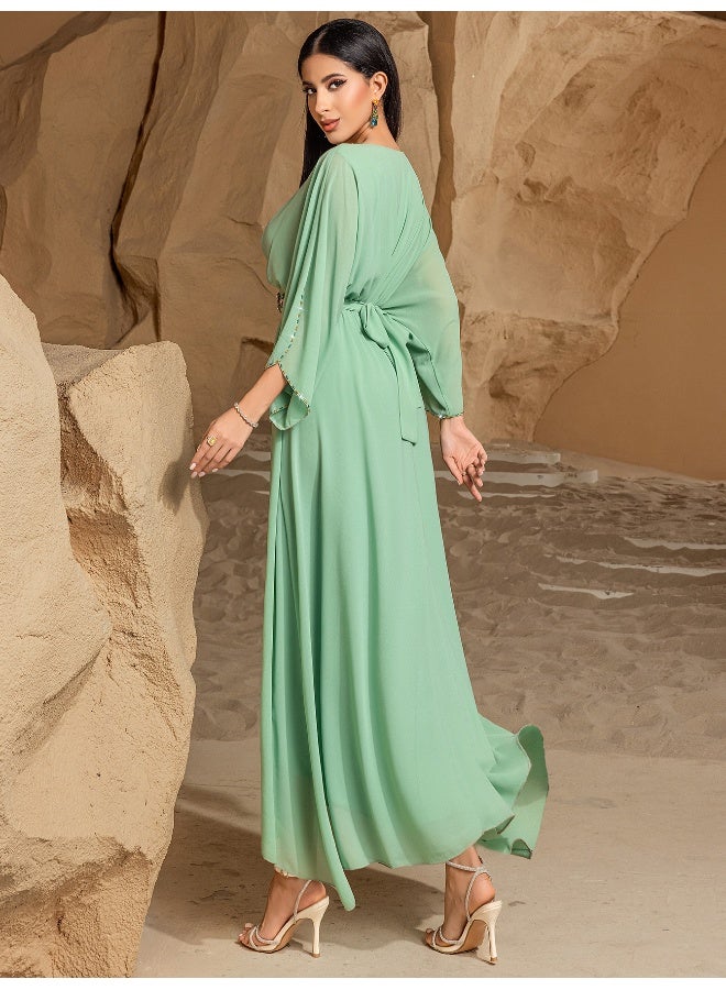 Madam Uniq Elegant Mint Green Batwing - Sleeve Maxi Dress, Belted Waist, Formal/Casual Outfit  - Image 4
