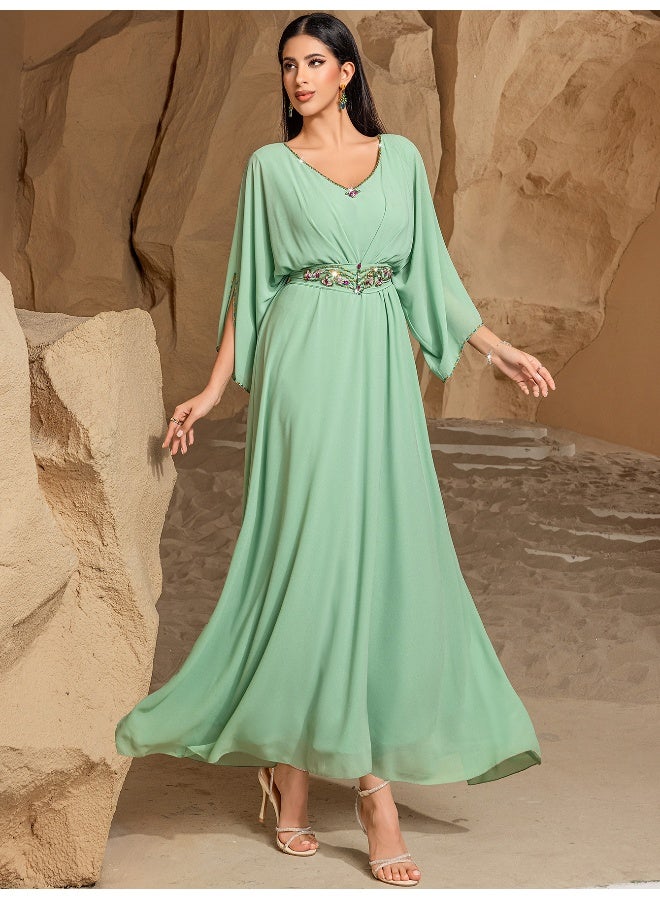 Madam Uniq Elegant Mint Green Batwing - Sleeve Maxi Dress, Belted Waist, Formal/Casual Outfit  - Image 1