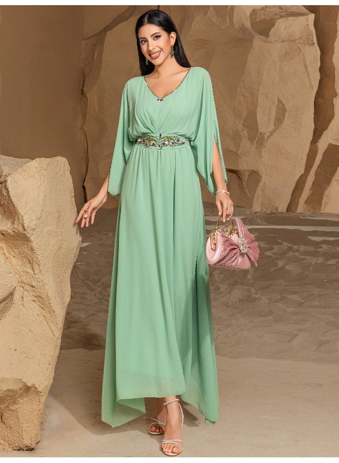 Madam Uniq Elegant Mint Green Batwing - Sleeve Maxi Dress, Belted Waist, Formal/Casual Outfit  - Image 2