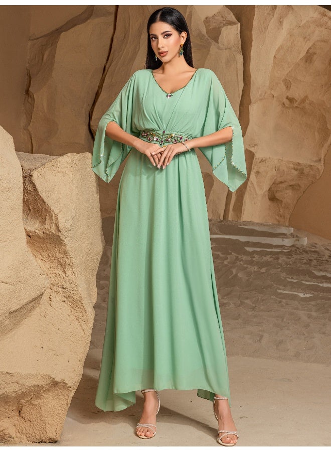 Madam Uniq Elegant Mint Green Batwing - Sleeve Maxi Dress, Belted Waist, Formal/Casual Outfit  - Image 5