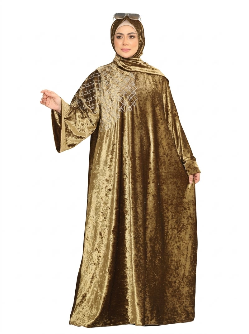 Elegant Olive Women's Abaya with Embroidered Sleeves and Chest, Suitable for Formal & Daily Occasions, Stylish Olive Color - Size free 80-120kg - Image 1