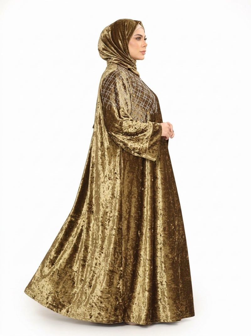 Elegant Olive Women's Abaya with Embroidered Sleeves and Chest, Suitable for Formal & Daily Occasions, Stylish Olive Color - Size free 80-120kg - Image 3