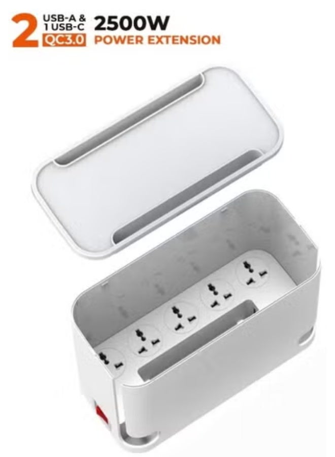 REBENUO 3-in-1 Power Extension Cord and Cable Management Box, 5 Universal Outlets 3 USB with Tablet Stand 2M Cables Power Strips, Elegant Organizer Box for Child and pet Protection, and Stylish Desktop - Image 1