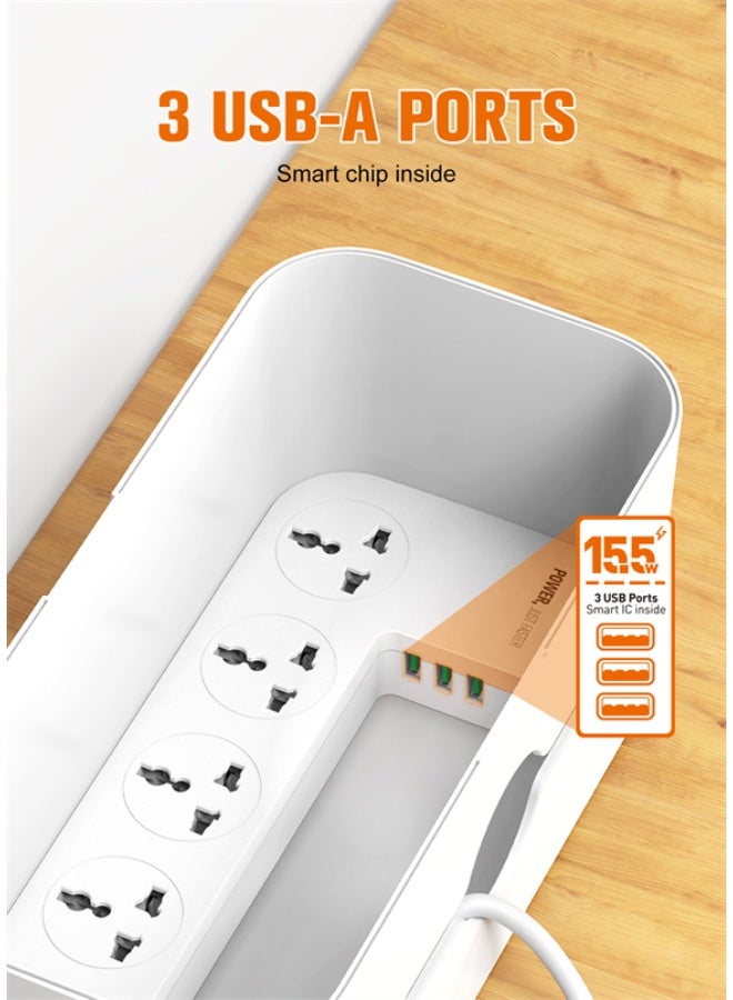 REBENUO 3-in-1 Power Extension Cord and Cable Management Box, 5 Universal Outlets 3 USB with Tablet Stand 2M Cables Power Strips, Elegant Organizer Box for Child and pet Protection, and Stylish Desktop - Image 4