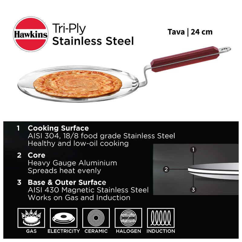 Hawkins 24 cm Tava, Triply Stainless Steel Tawa with Stainless Steel Handle, Induction Tawa, Silver (SSTV24) - Image 2