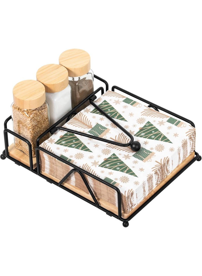 سوفام حامل مناديل معدنية، حامل منديل مسطح مع قاعدة خشبية، يتضمن ملح وهزازات فلفل (أسود) - Image 1