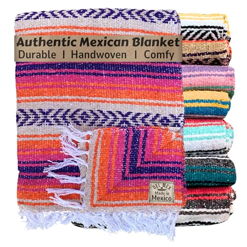 Del Mex Classic Mexican Blanket, Large Authentic Woven Falsa Throw (70"x50"), Artisan Southwest Décor for Beach, Yoga, Outdoors (Pink/Orange) - Image 1