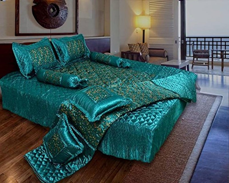 ManavRachit 310 TC Luxury Satin Gold Printed King Size Wedding Bedding Double Bed Bedsheet Set Set of 8 Pieces for Hotels Home Living Room Teal Green - Image 1