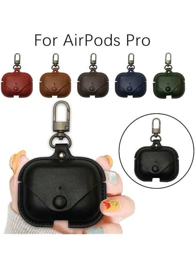 erorex - Compatible Airpods Pro Leather Case Genuine Leather Vintage Portable Shockproof Protective Cover With Loss Prevention Clip For Airpods 3 For Airpods Pro 2019 Wireless Charging Case Black - Image 1