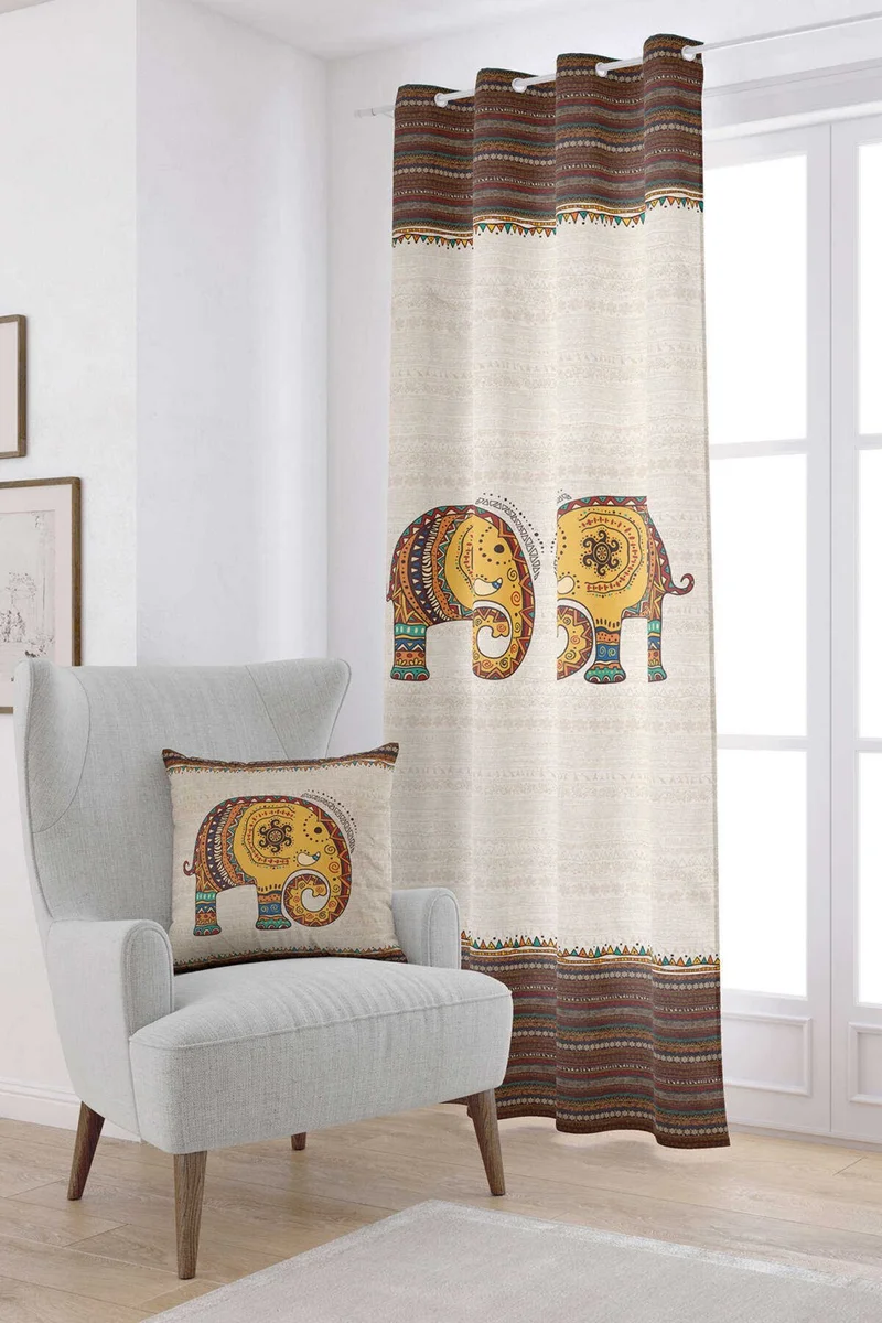 Cango Home Cream Ethnic Elephant Patterned Digital Printed Curtain CGH1255-2-PR