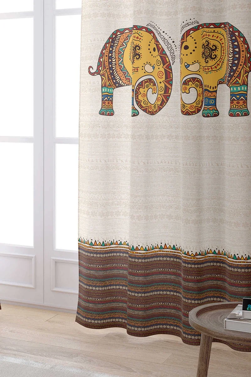 Cango Home Cream Ethnic Elephant Patterned Digital Printed Curtain CGH1255-2-PR