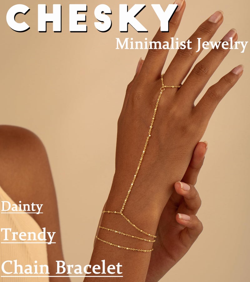 CHESKY 14K Gold Plated Hand Chain Bracelets for Women Set - Dainty Finger Ring Bracelet Stack Adjustable Thin Hand Chains Durable Bracelets Trendy Simple Body Jewelry Gift for Women - Image 3