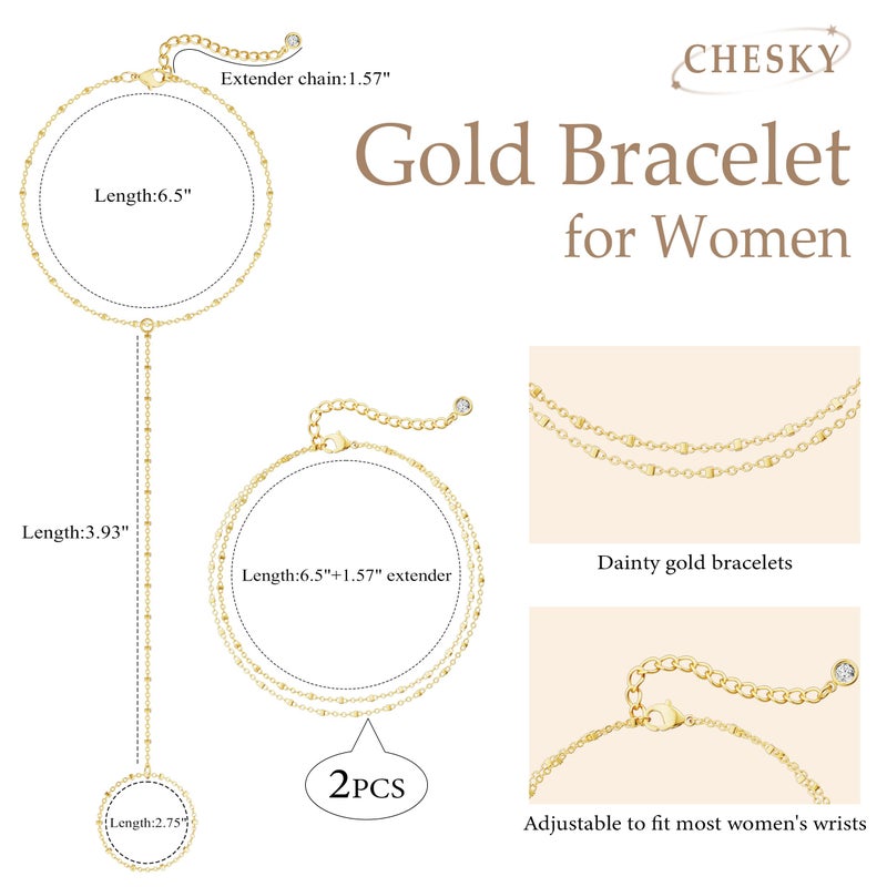 CHESKY 14K Gold Plated Hand Chain Bracelets for Women Set - Dainty Finger Ring Bracelet Stack Adjustable Thin Hand Chains Durable Bracelets Trendy Simple Body Jewelry Gift for Women - Image 5