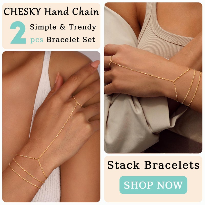 CHESKY 14K Gold Plated Hand Chain Bracelets for Women Set - Dainty Finger Ring Bracelet Stack Adjustable Thin Hand Chains Durable Bracelets Trendy Simple Body Jewelry Gift for Women - Image 4