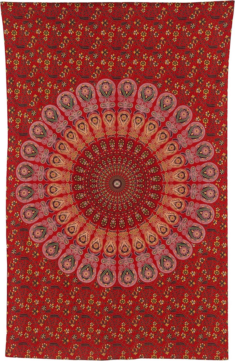 Bless International Indian Hippie Bohemian Psychedelic Peacock Mandala Wall Hanging Bed Linen Tapestry (Golden Red, Twin (137 x 182 Inches) (140 x 185 cm) - Image 4