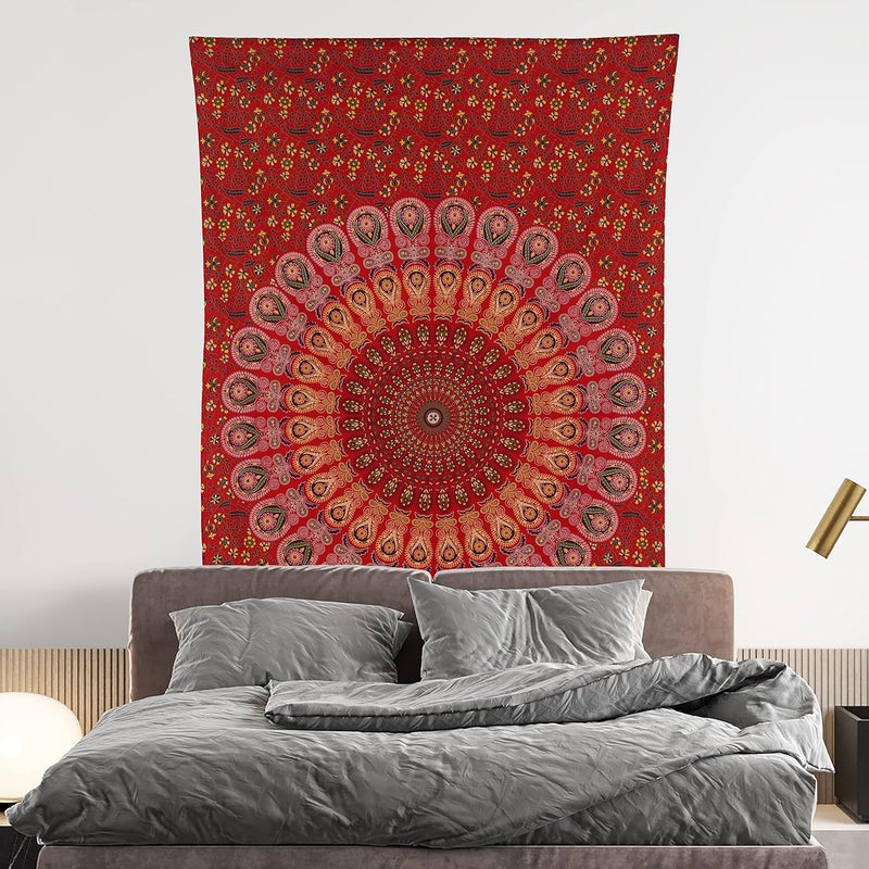 Bless International Indian Hippie Bohemian Psychedelic Peacock Mandala Wall Hanging Bed Linen Tapestry (Golden Red, Twin (137 x 182 Inches) (140 x 185 cm) - Image 2