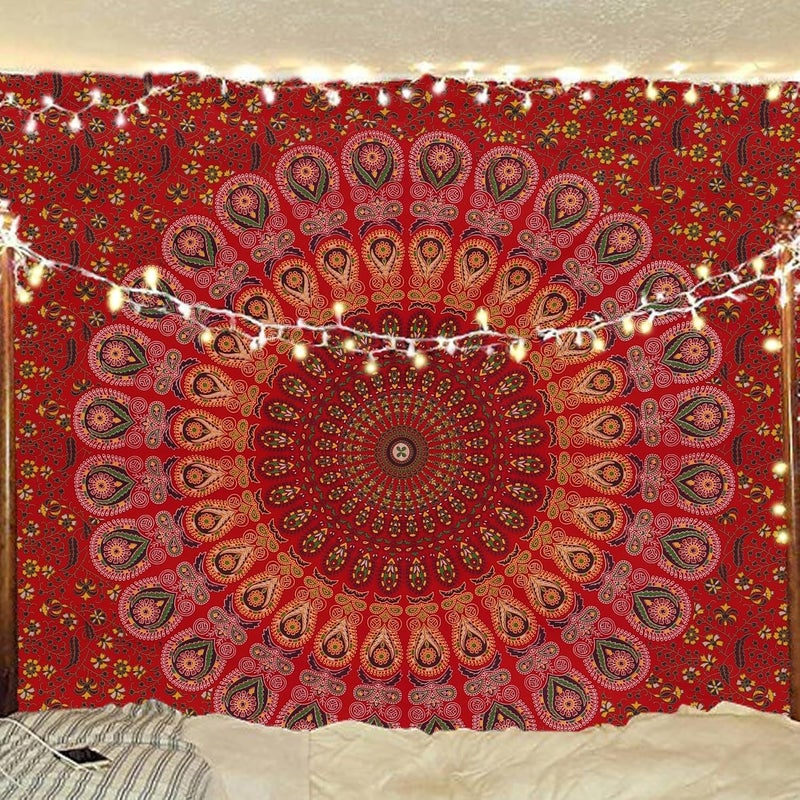 Bless International Indian Hippie Bohemian Psychedelic Peacock Mandala Wall Hanging Bed Linen Tapestry (Golden Red, Twin (137 x 182 Inches) (140 x 185 cm) - Image 1