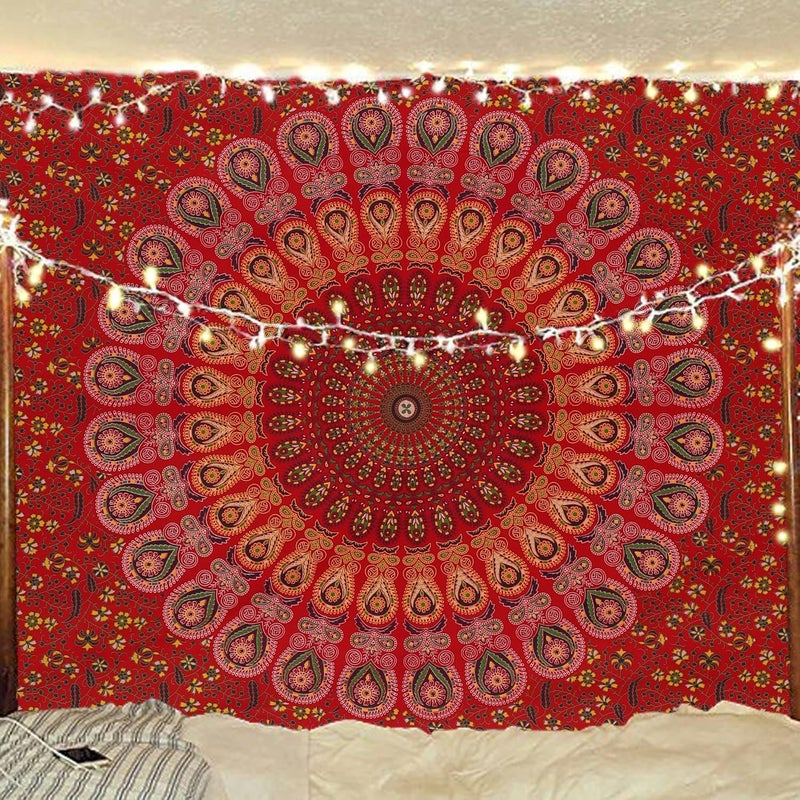 Bless International Indian Hippie Bohemian Psychedelic Peacock Mandala Wall Hanging Bed Linen Tapestry (Golden Red, Twin (137 x 182 Inches) (140 x 185 cm) - Image 5