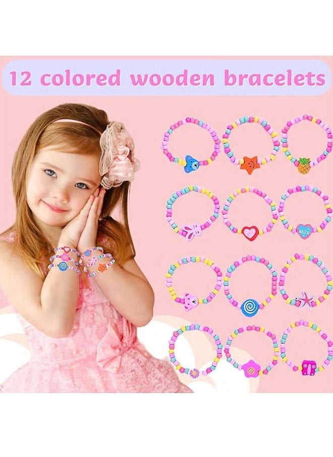 HS - 12 Colourful Wooden Bracelets Set, Wooden Beaded Friendship Bracelets for Girls, Ideal Party Bag Fillers and Favours, Suitable for Party Gift for Kids - Image 1