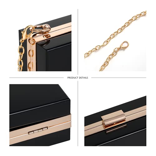 WJCD Women Clear Purse Acrylic Box Clutch Handbag, Small Transparent Crossbody Evening Bag Stadium Approved Gold Chain Strap (Black) - Image 3