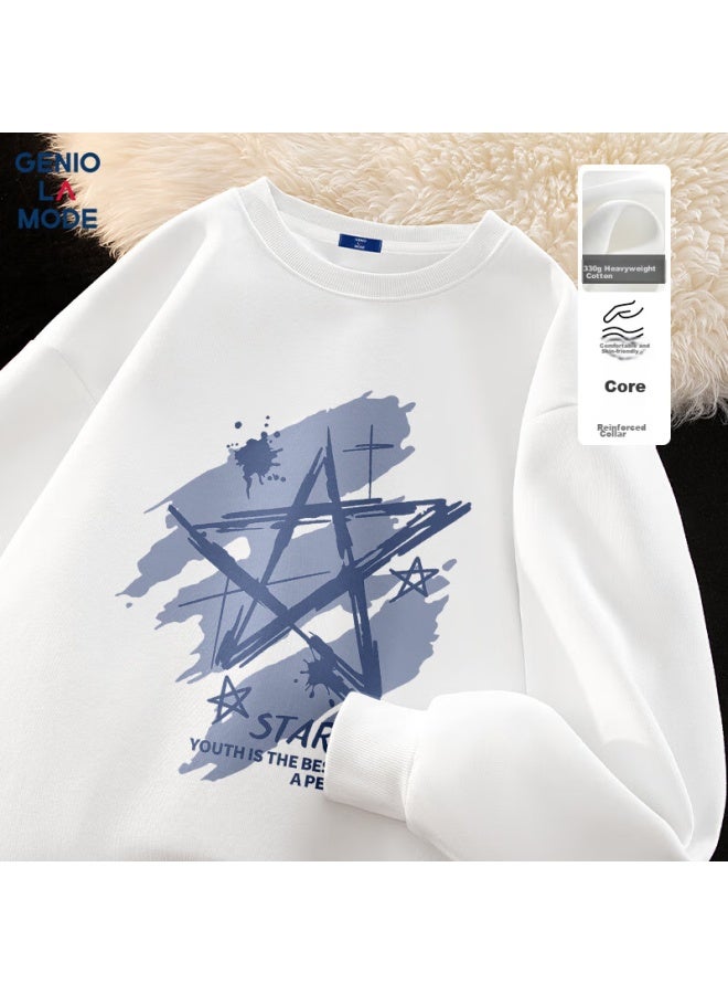 Geniolamode Men's Sweatshirt, Autumn Fashion Brand, Hoodless Casual, Loose-fitting Pullover, Round Neck, Trendy Men's Top, White, 2XL - Image 1