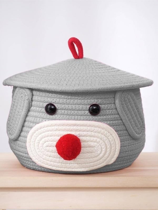 BUNAII Jute Cotton Cute Bear Hand Woven Fruit basket, storage basket, Oraganizer Box For jewellery, toys, cosmetics and for multipurpose uses with cap (GREY) Pack of 1 (11 x 11 x 7) Inches  - Image 1