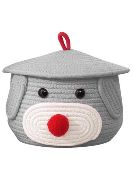 BUNAII Jute Cotton Cute Bear Hand Woven Fruit basket, storage basket, Oraganizer Box For jewellery, toys, cosmetics and for multipurpose uses with cap (GREY) Pack of 1 (11 x 11 x 7) Inches  - Image 2
