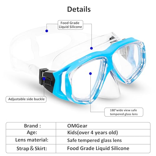 OMGear Goggles Kids Swimming Silicone Swim Mask Snorkeling Gear for Kids Tempered Glass Snorkel Goggles with Nose Cover Scuba Diving Goggles with Cute Neoprene Mask Strap Cover (Aqua) - Image 2