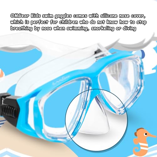 OMGear Goggles Kids Swimming Silicone Swim Mask Snorkeling Gear for Kids Tempered Glass Snorkel Goggles with Nose Cover Scuba Diving Goggles with Cute Neoprene Mask Strap Cover (Aqua) - Image 3