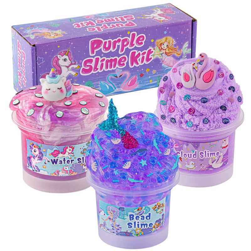 Okaybee 3 x 100mL Purple Slime Kit for Girls Boys Includes Cloud Water Mermaid Crunchy Slime Sensory Experience DIY Slimes Set Slimes Party Favors for Kids Birthday Easter Halloween Teens Gift - Image 4